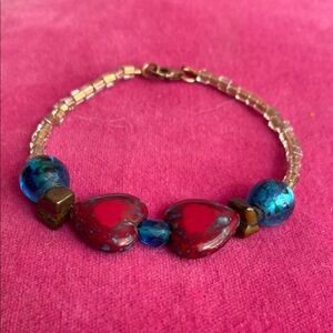 Heart Charm Beaded Bracelet - Red and Blue